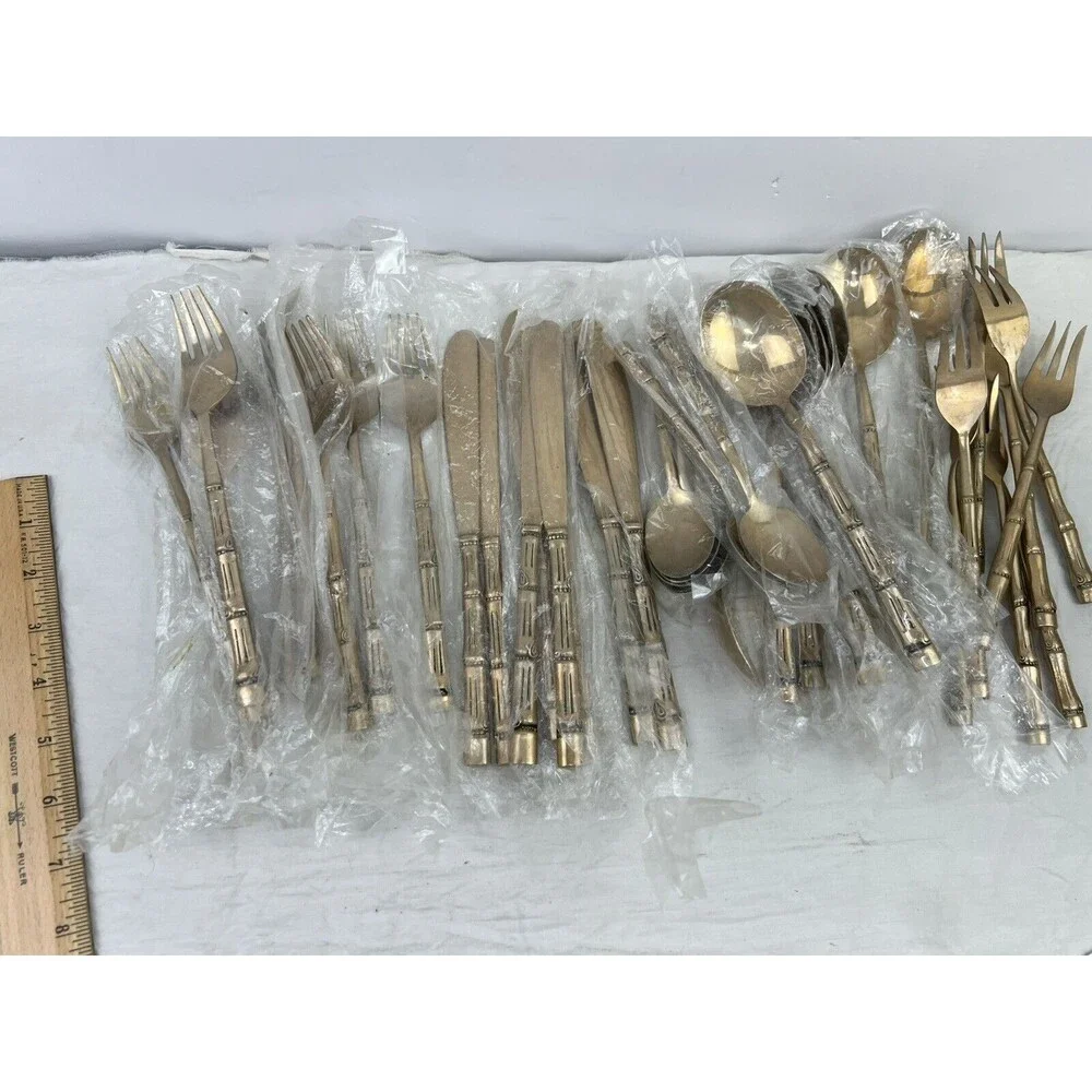 Vtg MCM Nickel Bronze Faux Bamboo Flatware 5 PCs Set Server 1 Retro‎ Decor